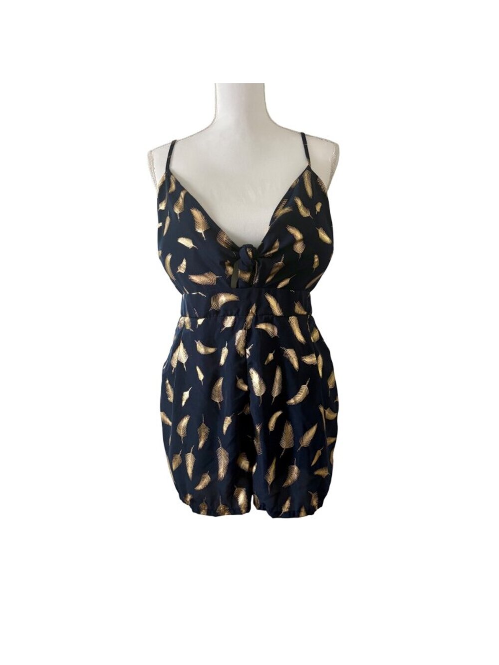 Toxik3 Modern Fairycore Sleeveless Boho Navy & Gold Feather Print Glam Romper L